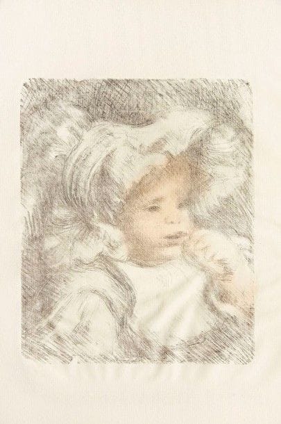 Pierre-Auguste Renoir

L?Enfant au biscuit (Jean Renoir). Vers 1898-1899. Lithographie. 318 x 267. Delteil, Stella 31 ; Johnson 110. Très belle et fraîche épreuve tirée en deux tons (gris et rose pâle) sur vergé filigrané « mbm ». Petites ondulations de tirage aux bords du feuillet. Toutes marges