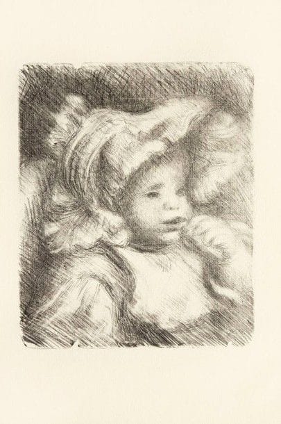 Pierre-Auguste Renoir

L?Enfant au biscuit (Jean Renoir). Vers 1898-1899. Lithographie. 319 x 265. Delteil, Stella 31 ; Johnson 110. Très belle épreuve d?essai en noir sur vergé crème. Infime trace d?oxydation marginale à l?ouverture d?un ancien montage. Trace de pli dans l?angle supérieur gauche. Long et fin pli oblique au bord droit. Fin pli horizontal au tiers inférieur, visible uniquement au verso. Toutes marges non ébarbées