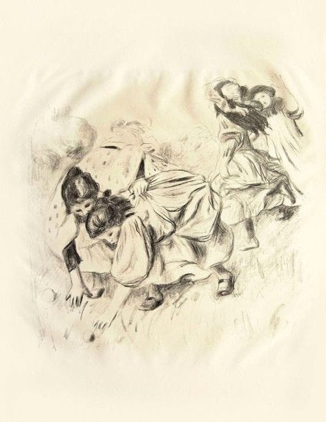 Pierre-Auguste Renoir

Les Enfants jouant à la balle. 1900. Lithographie. 506 x 506. Delteil, Stella 32 ; Johnson 111. Impression en noir. Très belle épreuve sur vergé filigrané « mbm », l?indentation de la pierre très visible. Ondulations dues à la pression au tirage. Fine bande d?oxydation au bord droit du feuillet. Petite auréole d?humidité à peine perceptible au bord gauche. Quelques rousseurs. Toutes marges non ébarbées