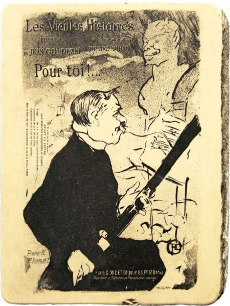 HENRI DE TOULOUSE-LAUTREC

Les Vieilles Histoires : Pour toi !...  Titre de mélodie. 1893. Pierre lithographique. 300 x 246 x 34. Poids : 6,6 kg. Delteil 19 ; Wittrock 6. Chiffre « 5042 » à l?encre noire sur la tranche. Petit éclat en pied. Joint : même sujet. Lithographie. 275 x 197. Très belle épreuve en retirage sans la partition, sur chine volant. Infimes rousseurs au bord droit. Légères traces de plis en tête du feuillet. Toutes marges