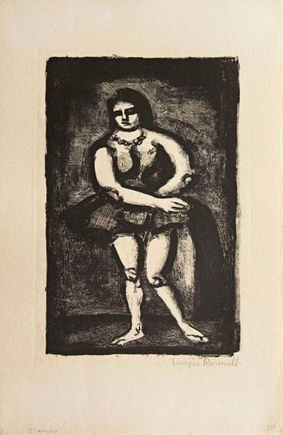 GEORGES ROUAULT

L?Écuyère. 1926. Lithographie. 345 x 220. Chapon et Rouault 318 ; Verney et Lemaresquier 81 c. Très belle et fraîche épreuve sur japon, du 3e état (sur 5), avant le monogramme dans la pierre, signée au crayon. Double décharge de signature lithographiée au verso. Petite épidermure au bord droit au verso. Toutes marges