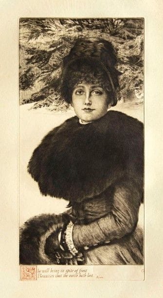 James J.-J. TISSOT

Promenade dans la neige. 1880. Eau-forte et pointe sèche. 566 x 267. Wentworth 48. Superbe épreuve sur vergé, du 2e état (sur 3), avec la lettre tirée en rouge, timbrée (Lugt 1545). Quelques rares rousseurs. Toutes marges