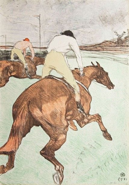 HENRI DE TOULOUSE-LAUTREC

Le Jockey. 1899. Lithographie. 518 x 363. Delteil 279 ; Wittrock 308 ; Adriani 345. Impression en couleurs. Superbe épreuve sur chine volant, les couleurs d?une exceptionnelle fraîcheur, tirée pleines marges comme à l?ordinaire. Petite inscription au crayon en pied à droite (« 221 hm »). Fin pli horizontal à 10 mm du bord inférieur. Une petite rousseur au verso, légèrement visible au recto. Tirage à 100 épreuves sur ce papier (en outre 12 sur japon)