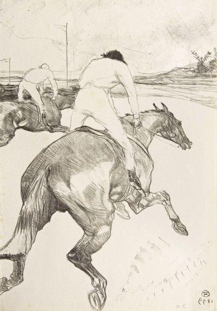 HENRI DE TOULOUSE-LAUTREC

Le Jockey. 1899. Lithographie. 516 x 362. Delteil 279 ; Wittrock 308 ; Adriani 345. Très belle et fraîche épreuve, l?une des 70 tirées en noir sur chine volant, tirée pleines marges comme à l?ordinaire. Petite inscription au crayon en pied à droite (« 374 hm »). Quelques rousseurs claires éparses. Deux petits restes de papier gommé au bord gauche au verso, avec petits plis consécutifs légèrement visibles au recto