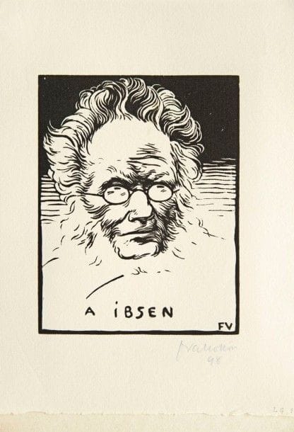 Félix VALLOTTON

À Ibsen. 1894. Bois gravé. 159 x 124. Vallotton et Goerg 136 a. Très belle épreuve sur vélin mince, signée et numérotée au crayon bleu. Un petit reste d?ancien montage au bord droit au verso. Toutes marges. Tirage à 120 épreuves