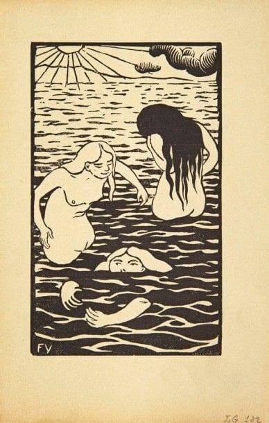 Félix VALLOTTON

Les Trois baigneuses. 1894. Bois gravé. 183 x 112. Vallotton et Goerg 133 d. Très belle épreuve sur vélin mince chamois, du tirage effectué pour La Revue blanche. Toutes marges
