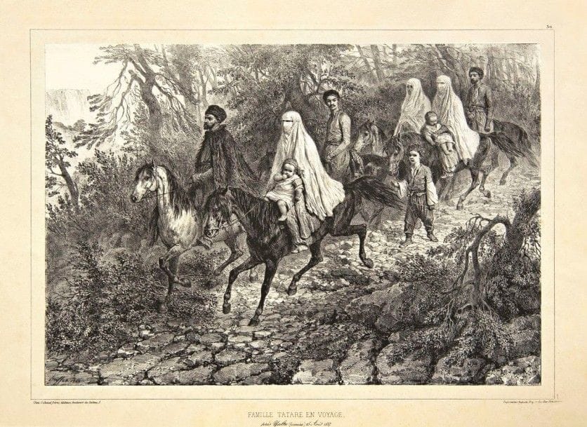 Auguste RAFFET

Famille Tatare en voyage, près Yalta (Crimée) 15 Août 1837. 1840. Lithographie. 236 x 340. Giacomelli 632. Très belle épreuve sur chine appliqué, le supporte de vélin légèrement oxydé. Rousseurs claires éparses. Toutes marges. 
« En 1837, le prince Anatole Demidoff emmena Raffet comme dessinateur d?une expédition qui, après avoir traversé la Hongrie, la Valachie, la Moldavie, parcourut la Russie méridionale et la Crimée, et traversa Constantinople et Smyrne. (?) Au retour, Raffet élabora avec un soin extrême les planches de ce Voyage en Crimée, qui le placent au premier rang des peintres ethnographes et orientalistes. » (Beraldi)