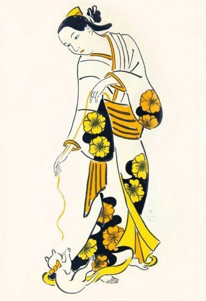 LÉONARD-TSUGUHARU FOUJITA

Geisha jouant avec un chaton. 1926. Lithographie. 1050 x 660. Buisson 26.99. Impression en couleurs. Très belle épreuve sur vélin, numérotée et signée au crayon. Plusieurs traces de plis dont un long fin pli cassé horizontal. Toutes marges. Tirage à 200 épreuves