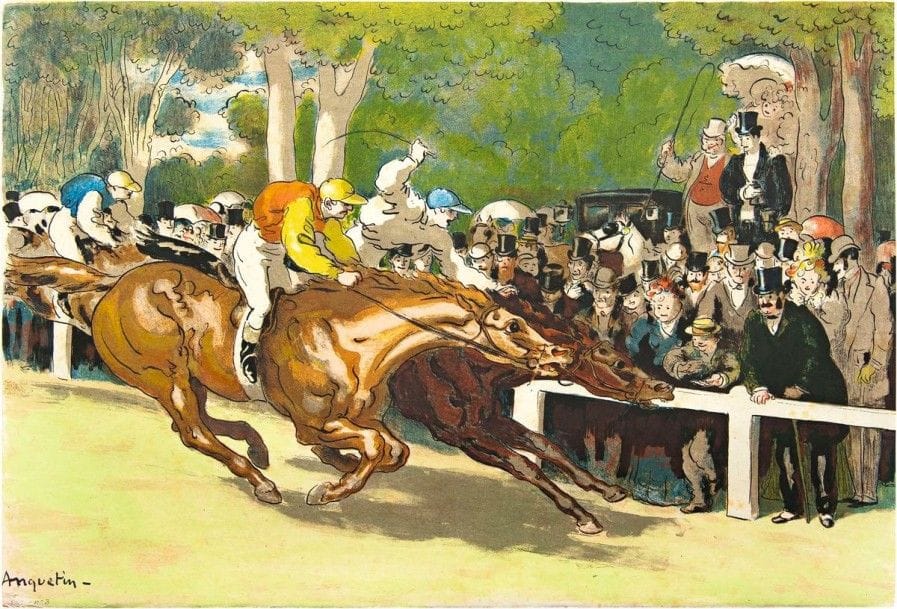 Louis ANQUETIN

Un Canter. 1898. Lithographie. 346 x 509. I.F.F. [5]. Impression en couleurs. Très belle et fraîche épreuve sur chine volant, timbrée par l?éditeur G. Pellet (Lugt 1190, timbre passé), numérotée au crayon. Larges rousseurs claires. Sans marges comme à l?ordinaire. Tirage à 50 épreuves