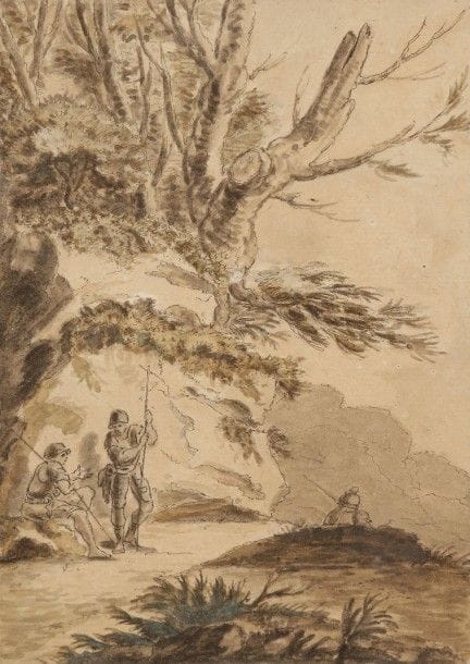 École française du XVIIIe dans le goût de Salvatore ROSA

Soldats dans un paysage
Plume et encre noire, lavis
16,8 x 11,5 cm
Annoté en bas à gauche, sur le montage «F. Casanova fecit»