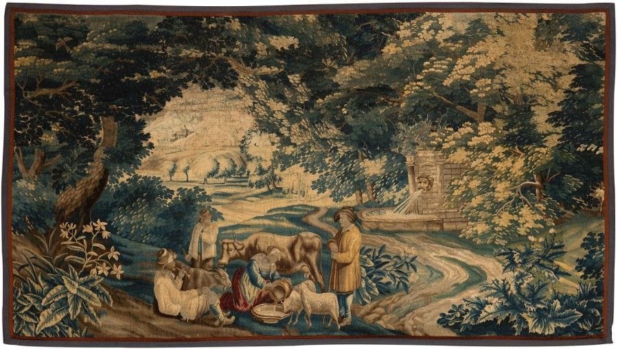 Tapisserie des Flandres à décor d'une pastorale dans le goût de Teniers
Fin du XVIIe-début XVIIIe siècle (accidents et restaurations).
H.: 204 cm; L.: 363 cm
