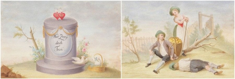 Peter (Pierre) MA?R (Fribourg en Brisgau, 1758 - Munich, 1836)

Deux miniatures sur vélin dans un Album Amicorum de 1801.
Album Amicorum relié en cuir fauve marqué au petit fer en doré sur la couverture «GERARD» et sur la tranche «Souvenir de mes amis», dans son étui en carton, rect. 10 x 17 cm; environ 75 feuillets non paginés dont 8 manuscrits de divers amis en français ou en allemand localisés à Augsbourg et Strasbourg en 1801, orné de deux miniatures sur vélin (peau de veau), signées et datées 1801.
Recto du 12e feuillet, dédicace manuscrite par l'artiste en face de la première miniature: «Notre Amitié se finira/Quand ce paysan s'éveillera./En regardant cette image Souvenés (sic) vous plusieurs/fois de vos vrais amis Pierre et Babette Maÿr/fait à Augsbourg ce 18 ventose/l'an 9».
Les deux miniatures sur vélin, rect. 10,3 x 9,9 cm sont signées en bas: «par Pierre Maÿr à Augsbourg 1801», et «Pierre Maÿr à Augsbourg 1801»; une est détachée et représente un Autel à l'Amitié légendé «Nur Zweï/doch Treu» (Deux seulement mais en confiance).
Cet album a appartenu à Jean-Baptiste GERARD (Vesoul, 5 avril 1772 - ?), pharmacien principal à l'hôpital militaire du Val de Grâce, franc-maçon, nommé chevalier de la Légion d'honneur le 17 janvier 1815. De 1792 à 1801, il fut envoyé aux armées de Moselle, Sambre et Meuse, du Rhin, de Mayence, de Danube et du Rhin.
Charmant témoignage d'amitié de Peter Maÿr qui travailla notamment à Augsburg et Munich, et qui francisait à l'occasion son patronyme en «Pierre» Mayer. L'artiste est représenté au musée du Louvre par un portrait de Napoléon; au Landesgewerbe Museum, Stuttgart; au Maximilian Museum, Augsburg; National Museum, Munich, et dans maintes collections privées.
