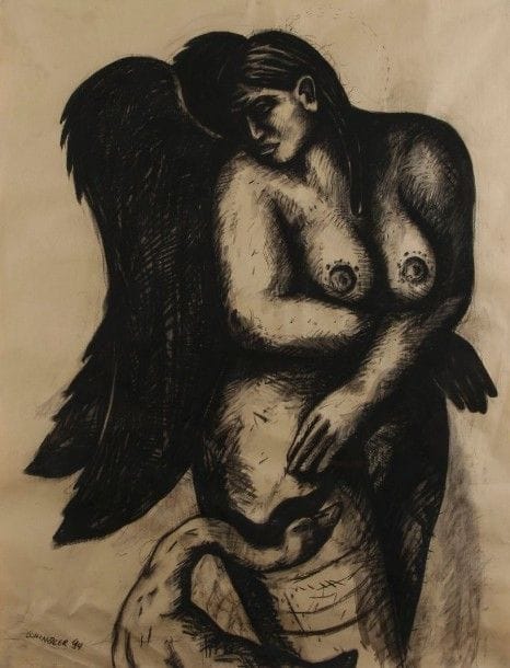 Thomas Schindler né en 1959Eva (Leda), 1994Craie et fusain noir sur papier kraftSigné et daté en bas à gauche 129 x 97 cm 