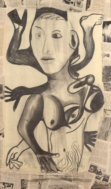 Thomas Lange né en 1957Personnage, 1985Pastel, fusain, frottage et collage sur papier contrecollé sur panneau Signé et daté en bas 148 x 89 cm 