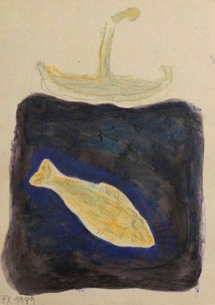 José Freixanes né en 1953Poissons, 1989Acrylique en noir, crayon et pastel Signé et daté en bas 50 x 36 cm 