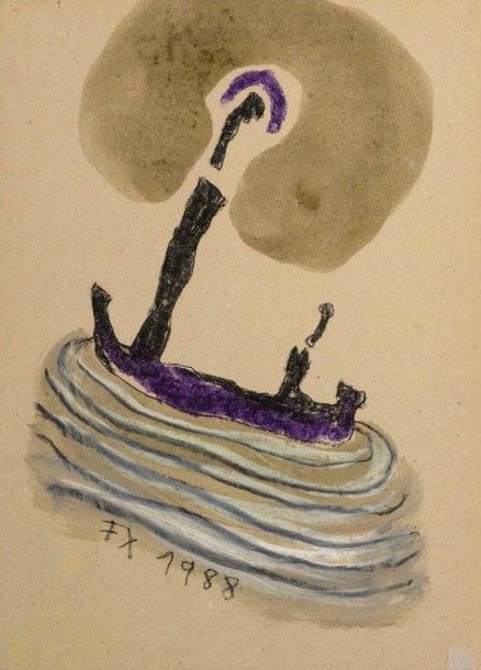 José Freixanes né en 1953Bateau, 1988Acrylique et fusain sur papier Signé et daté en bas 50 x 36 cm 
