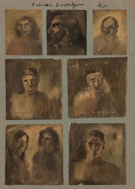 Bahman BOROJENI [iranien] (né en 1942)

Portraits, vers 1965
7 dessins à l'encre et aquarelle collés sur une même feuille.
La feuille signée en haut au milieu.
27.5 x 21 cm

Provenance:
Ancienne collection J. L., Paris.
