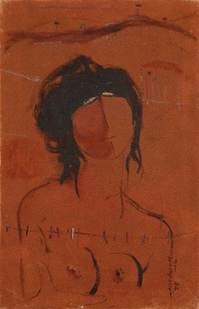 Fateh MOUDARRES [syrien] (1922-1999)

A face in black and red sand, 1975
Huile sur sable sur toile.
Signée et datée en bas à droite.
Signée, datée et titrée au dos.
75 x 47 cm

Provenance:
Galerie Shéhadé, Paris (acheté par l'actuel propriétaire auprès de celle-ci).
