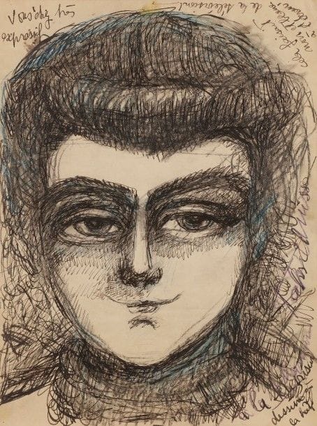 Fahr-el-Nissa ZEID [turque] (1901-1991)

Autoportrait
Dessin à l'encre et crayon bleu.
Signé «Fahr el Nissa» sur la droite.
Annoté «Vous étiez très expressif - cela faisait noir et blanc à l'écran de la télévision».
34.5 x 26 cm

Provenance:
Ancienne collection Alain Gheerbrant, Paris (offert par l'artiste à celui-ci).
