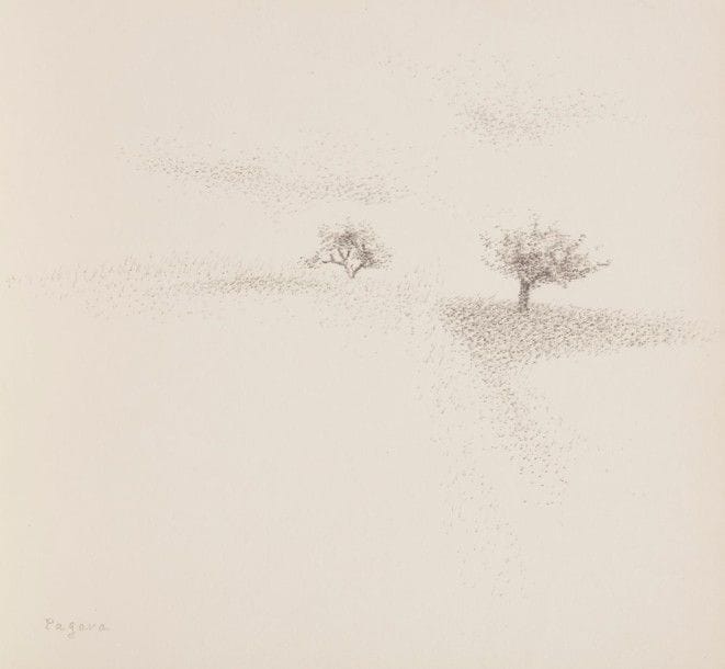 Véra PAGAVA [géorgienne] (1907-1988)

Paysage aux deux pommiers à Ogny
Dessin à la mine de plomb.
Signé en bas à gauche.
Situé au dos.
21 x 22 cm

Provenance:
Ancienne collection J. L., Paris.
