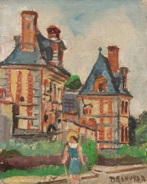 François DESNOYER (1894-1972)

Château de Fleury en Bière, près de Barbizon, 1944
Huile sur carton toilé.
Signée en bas à droite.
Située, datée et annotée au dos: «Achat octobre 1944 chez Guiot... François Desnoyer août 1944, quelques jours avant la libération de Paris et pendant le séjour du peintre à Barbizon dans la villa de Marcel Guiot son marchand».
24 x 19 cm
