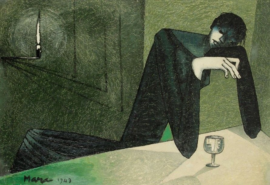 Mara RUCKI (né en 1920)

Le Spleen, 1949
Huile sur panneau.
Signée et datée en bas à droite.
Titrée au dos.
67 x 100 cm