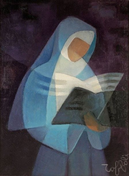Louis TOFFOLI [franco-italien] (1907-1999)

Religieuse lisant
Huile sur toile.
Signée en bas à droite.
Étiquette de l'artiste avec empreinte et numéro 4091 au dos.
73 x 54 cm
