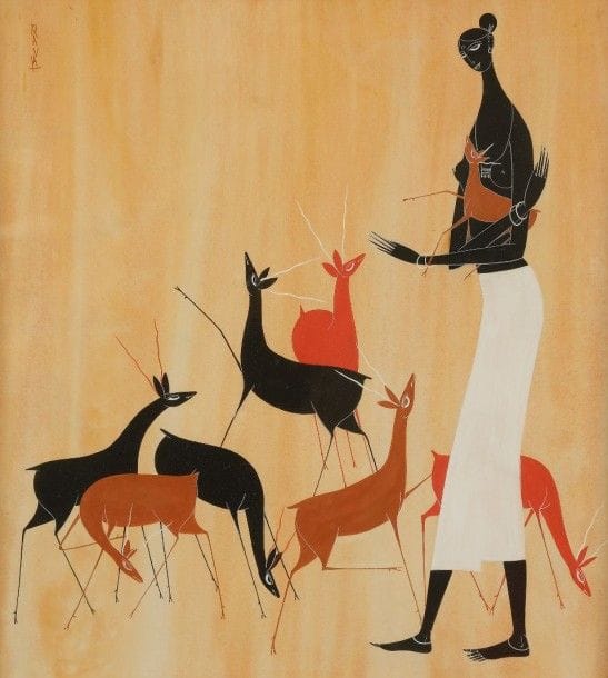 Rasik RAVAL [indien] (1928-1980)

Femme et animaux
Gouache.
Signée en haut à gauche.
42 x 37 cm
