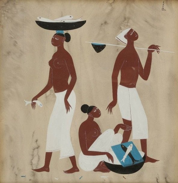 Rasik RAVAL [indien] (1928-1980)

Femmes aux poissons
Gouache.
Signée en haut à droite.
37 x 36 cm