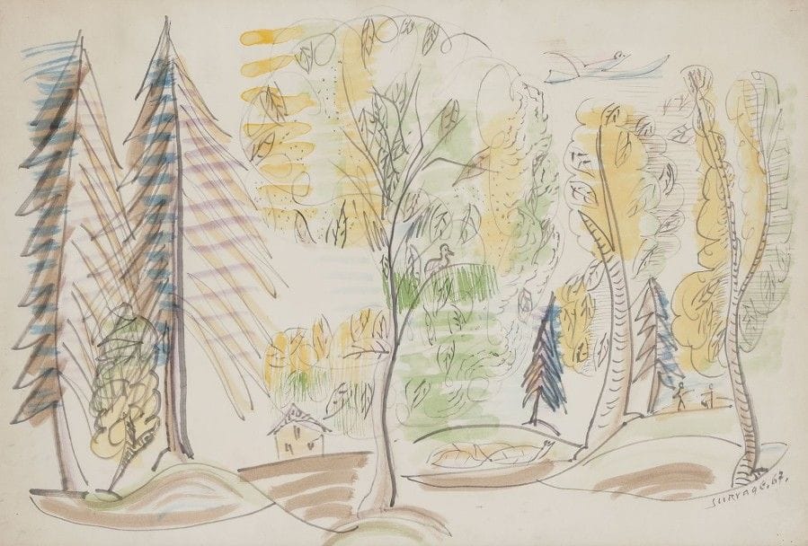 Léopold SURVAGE [franco-russe] (1879-1968)

Paysages aux arbres, 1967
Aquarelle sur papier marouflé sur toile.
Signée et datée en bas à droite.
37 x 54 cm