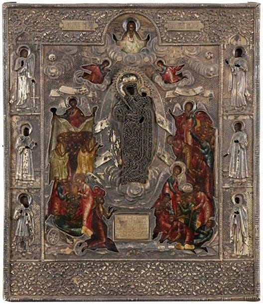 Icône Notre-Dame Joie de tous les Affligés.XIXe siècle. Oklad en argent. Poinçons de titre 84, Moscou 1868, d’essayeur « А.С » et d’orfèvre « МШ ». 36 x 31 cm Poids brut : 2887,15 g

Икона. Всех Скорбящих Радость. XIX в. Чеканный серебряный оклад. Риза покрыта мелкими серебряными зёрнами в виде жемчуга. Клейма : 84, Москва, 1868, пробирный мастер « А.С » (Свечин А.) и мастер « Шеин Михаил Дмитриевич ». 36 х 31 см Общий вес : 2887,15 г
