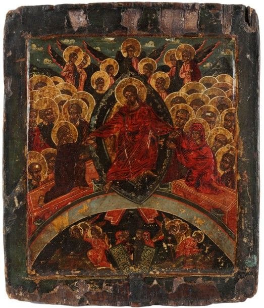 Icône de la descente aux Limbes. Fin XVIIe ou début XVIIIe siècle. 29 x 25 cm

Икона. Сошествие во ад. Конец XVII или начало XVIII в. 29 х 25 см