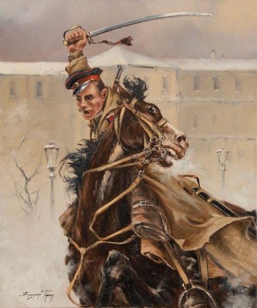 Huile sur toile. Wladimir Fomine.  Sous officier du 1er lanciers, Sankt Peterbourgski, chargeant en ville lors de la révolution de 1905.  48 x 55 cm

