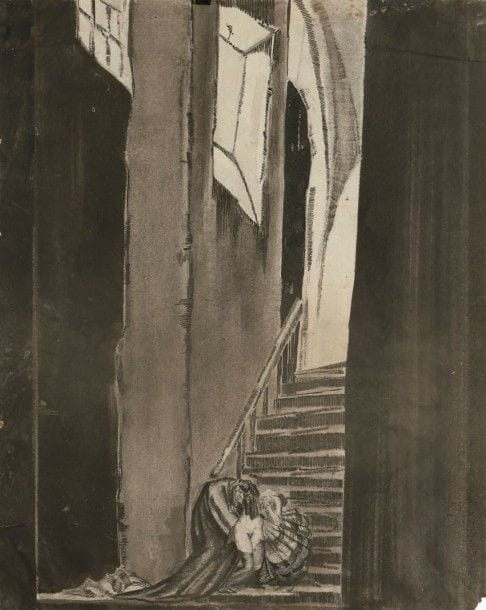 André ANDREJEW (1887 - 1967)
L’escalier Lavis d’encre et fusain. Attribué à Raskolnikow (Robert Wiene, 1923). Pourrait également être lié à Solitude, un film non réalisé tourné à Prague en 1925.  45 x 36 cm

