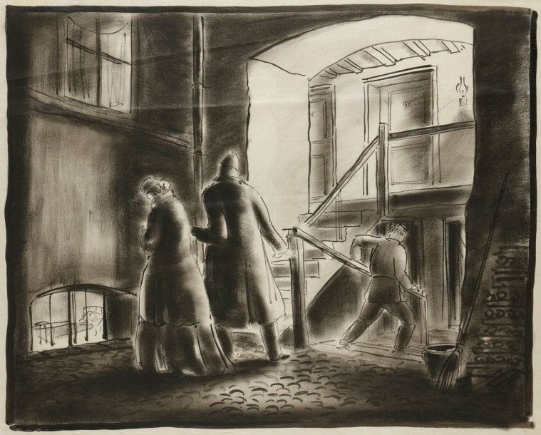 André ANDREJEW (1887 - 1967)
Soldat et femme sur un escalier Pourrait être lié à Thérèse Raquin (Jacques Feyder, 1928). Encre et fusain sur papier. Vers 1925 – 1930. 57 x 71 cm


