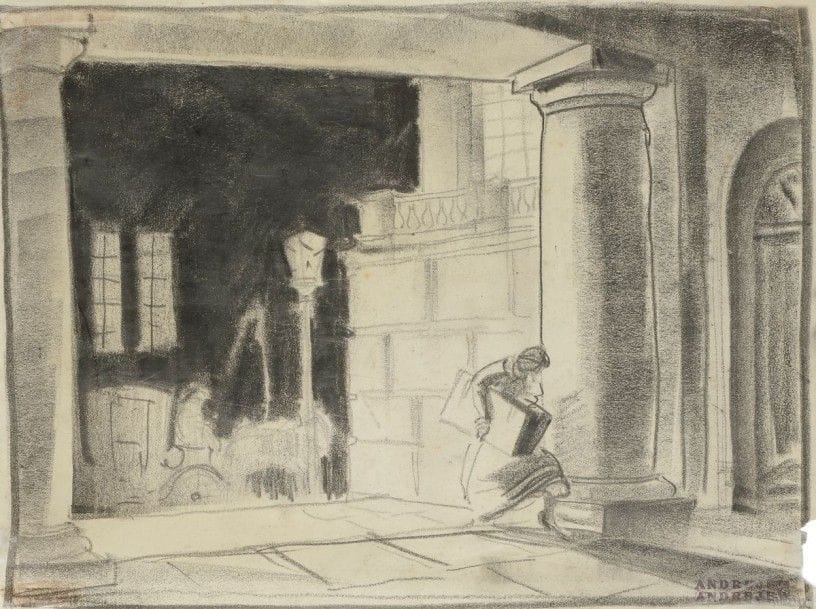 André ANDREJEW (1887 - 1967)
Personnage et calèche Pourrait être lié à Thérèse Raquin (Jacques Feyder, 1928). Fusain. Signé du cachet.  (Petites pliures et manques aux bords). 25,5 x33 cm

