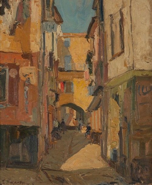 Georges LAPCHINE (1885-1950)
Ruelle animée Huile sur carton toilé. Signée en bas à gauche. 35 x 27 cm

Георгий Александрович ЛАПШИН (1885-1950) Оживленный переулок Картон, холст, масло. Подпись внизу слева. 35 х 27 см
