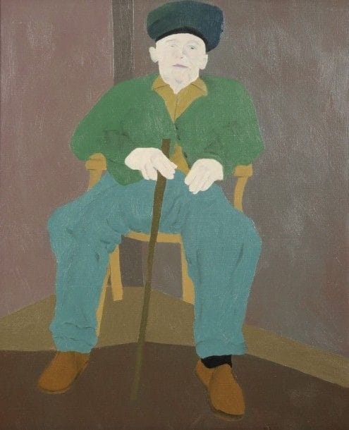 Robert NICOÏDSKI (1931-2001){CR}Homme assis à la canne{CR}Huile sur toile.{CR}Signée au dos.{CR}61 x 50 cm