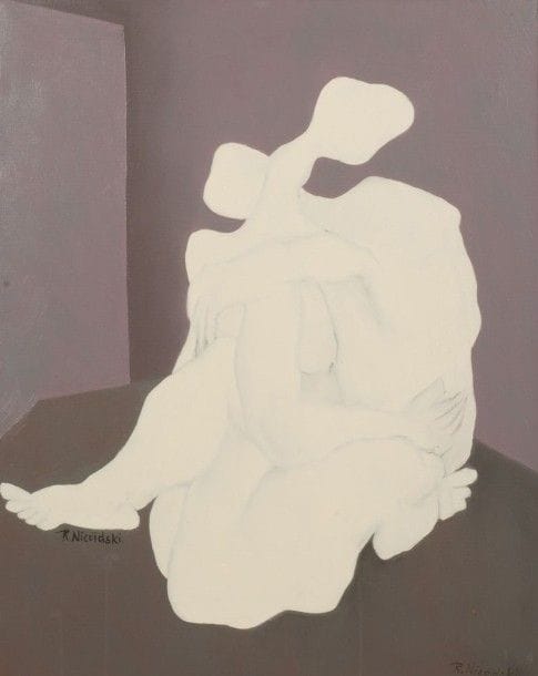 Robert NICOÏDSKI (1931-2001){CR}Couple enlacé{CR}Huile sur toile.{CR}Signée en bas à droite.{CR}92 x 73 cm