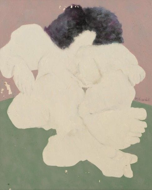 Robert NICOÏDSKI (1931-2001){CR}Femme étendue{CR}Huile sur toile.{CR}Signée sur la droite.{CR}(Manques).{CR}81 x 65 cm