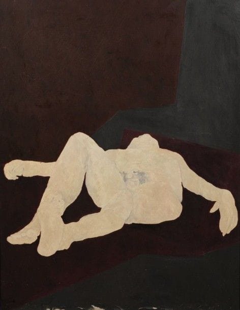 Robert NICOÏDSKI (1931-2001){CR}Nu couché{CR}Huile sur toile.{CR}Non signée.{CR}(Manques en bas).{CR}116 x 89 cm