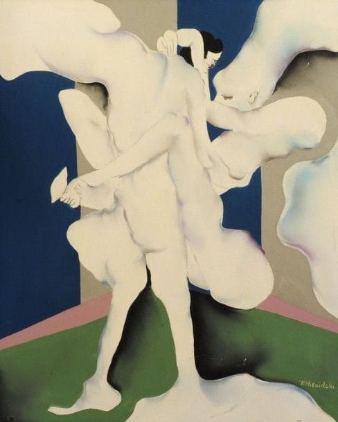 Robert NICOÏDSKI (1931-2001){CR}Couple enlacé{CR}Huile sur toile.{CR}Signée en bas à droite.{CR}100 x 81 cm