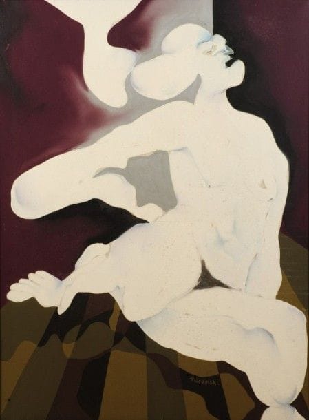 Robert NICOÏDSKI (1931-2001){CR}Nu assis{CR}Huile sur toile.{CR}Signée en bas à droite.{CR}130 x 97 cm