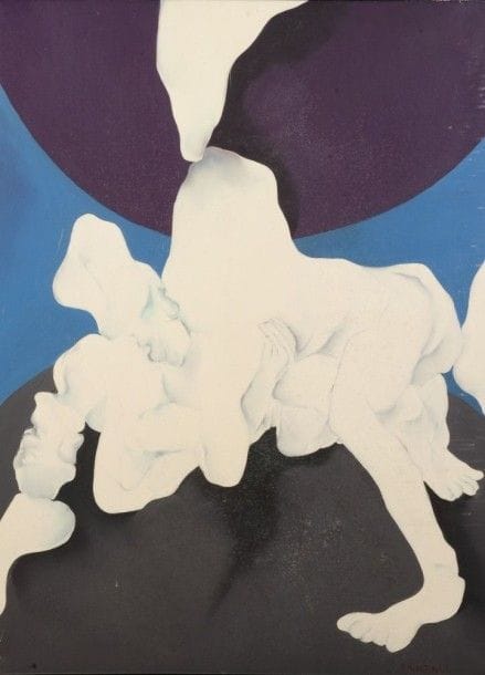 Robert NICOÏDSKI (1931-2001){CR}Couple enlacé{CR}Huile sur toile.{CR}Signée au dos.{CR}130 x 97 cm