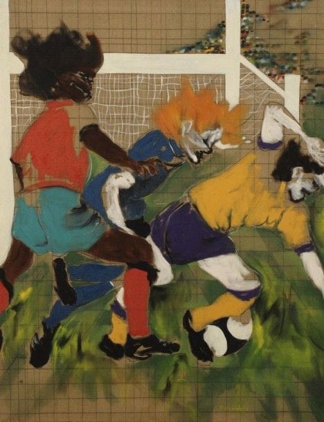 Robert NICOÏDSKI (1931-2001){CR}Les Footballeurs{CR}Huile sur toile.{CR}Signée en bas à droite.{CR}146 x 114 cm