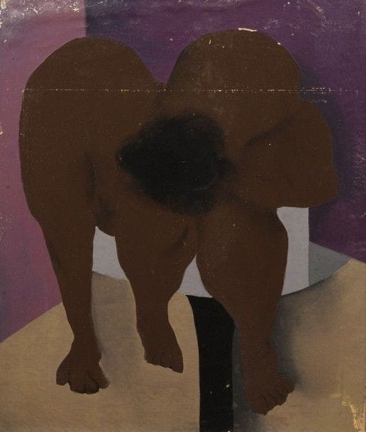 Robert NICOÏDSKI (1931-2001){CR}Nu penché{CR}Huile sur toile.{CR}Signée au dos.{CR}(Manques).{CR}65 x 54 cm