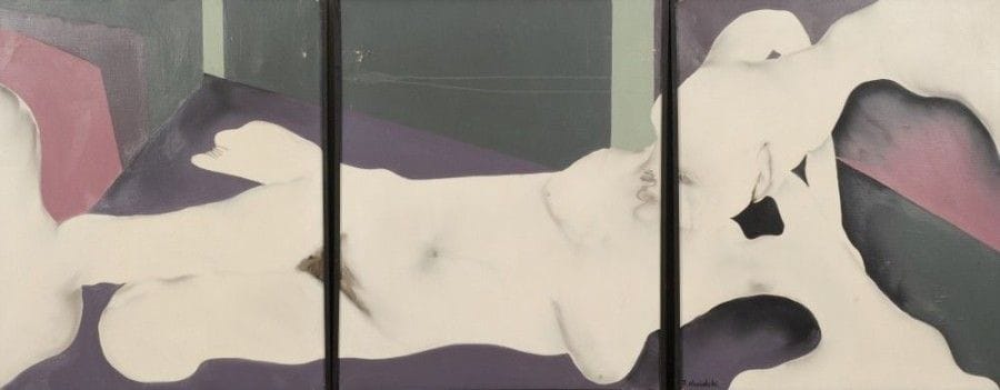 Robert NICOÏDSKI (1931-2001){CR}Nu étendu{CR}Huile sur toile en tryptique.{CR}Signée en bas à droite.{CR}(Petits manques).{CR}73 x 180 cm