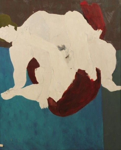 Robert NICOÏDSKI (1931-2001){CR}Couple enlacé{CR}Huile sur toile.{CR}Non signée.{CR}(Manques).{CR}81 x 100 cm