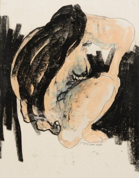 Robert NICOÏDSKI (1931-2001){CR}Femme nu accroupie{CR}Pastel gras.{CR}Signé en bas à droite.{CR}68 x 53 cm