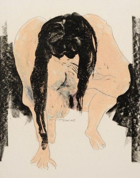 Robert NICOÏDSKI (1931-2001){CR}Femme nu accroupie{CR}Pastel gras.{CR}Signé en bas à droite.{CR}68 x 53 cm